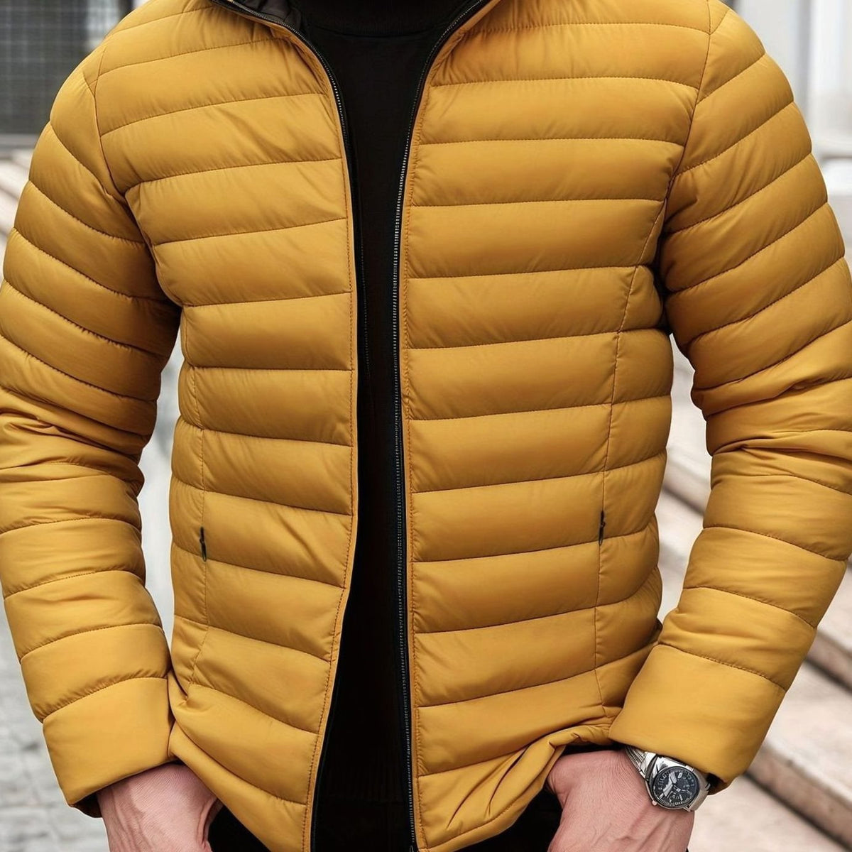 Men's Packable Zip-Front Padded Coat with Horizontal Quilting