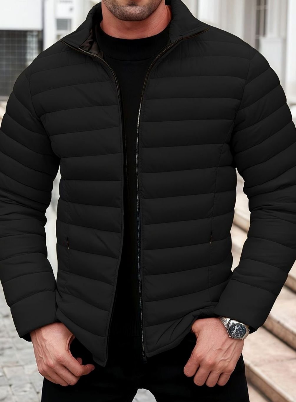 Men's Packable Zip-Front Padded Coat with Horizontal Quilting