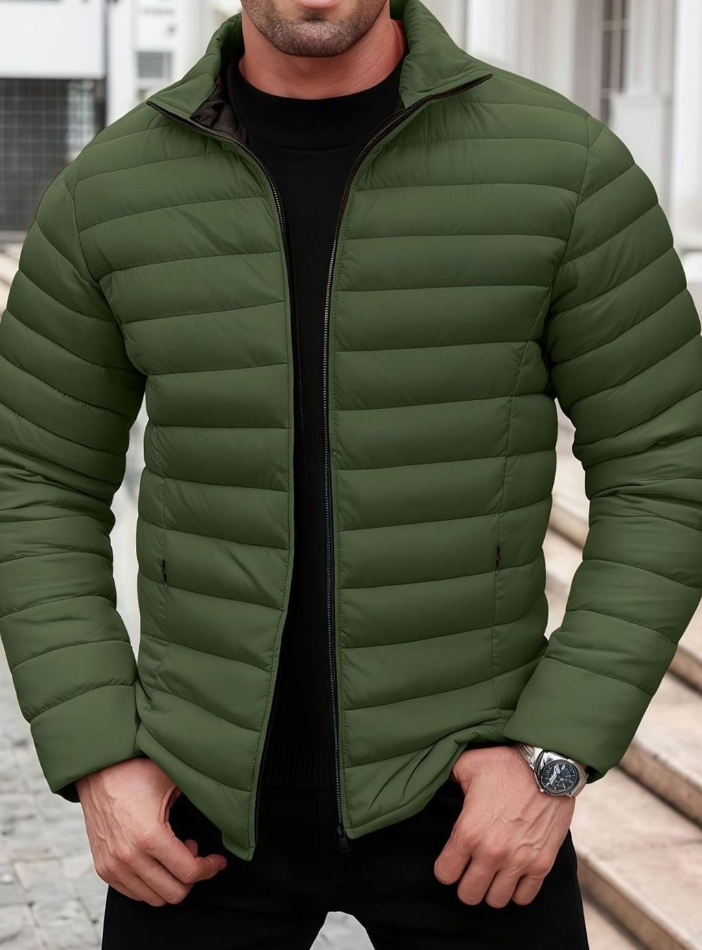 Men's Packable Zip-Front Padded Coat with Horizontal Quilting