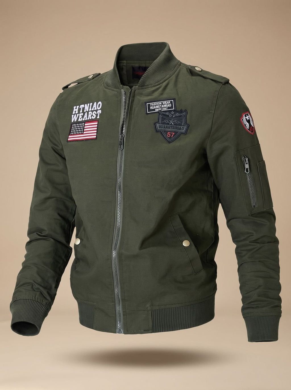 Men's Embroidered Patch Bomber Coat with Epaulettes