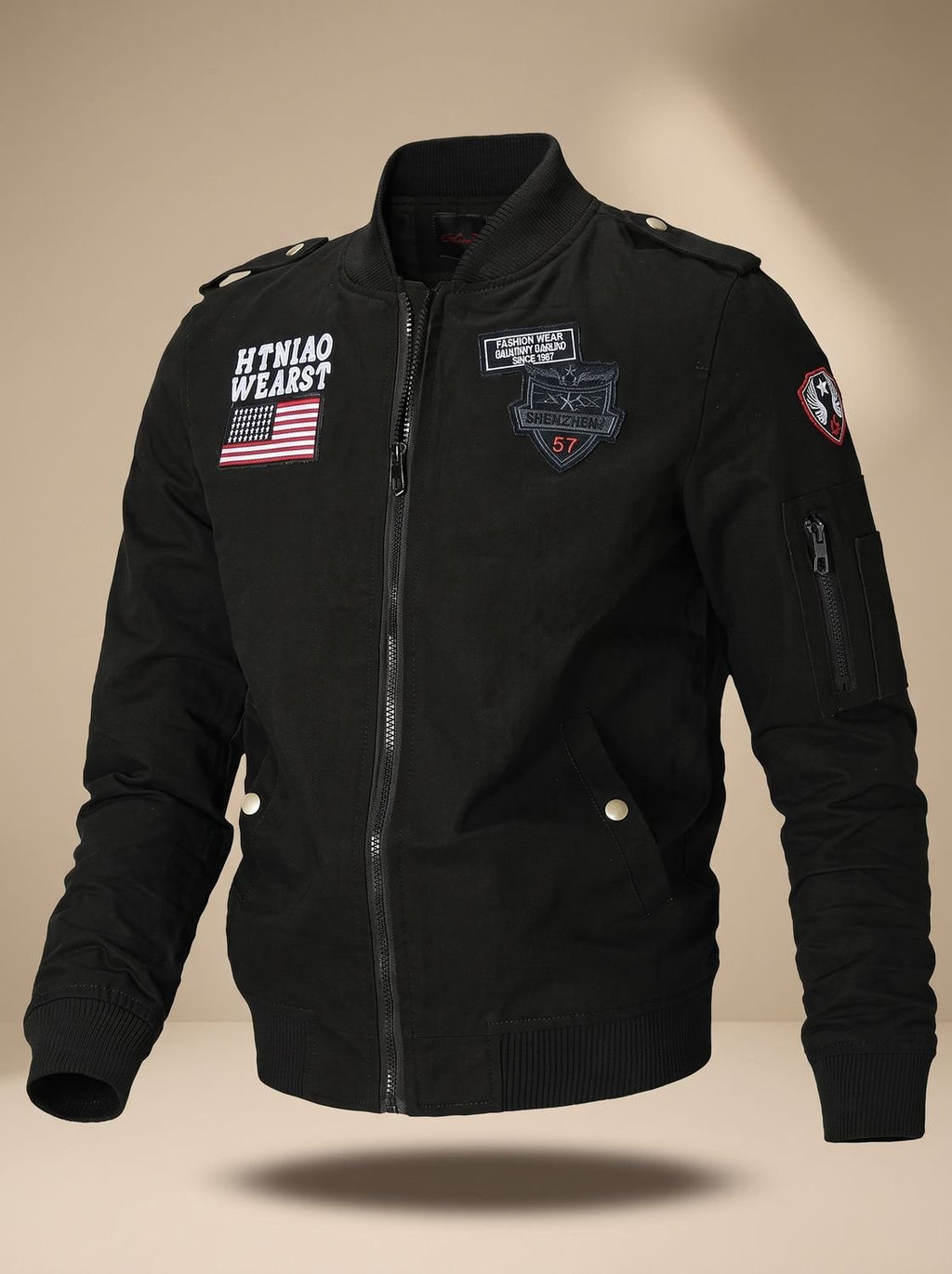 Men's Embroidered Patch Bomber Coat with Epaulettes