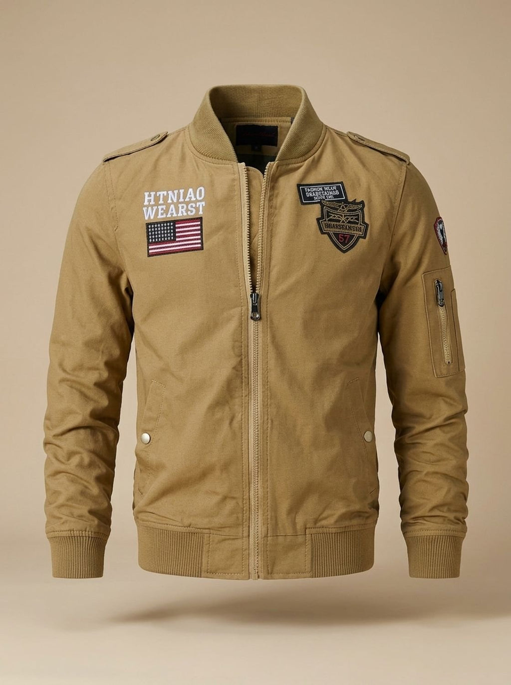 Men's Embroidered Patch Bomber Coat with Epaulettes
