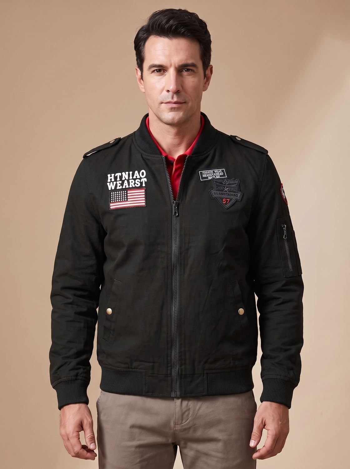 Men's Embroidered Patch Bomber Coat with Epaulettes