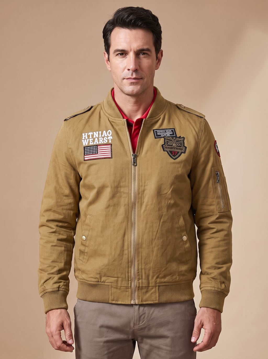 Men's Embroidered Patch Bomber Coat with Epaulettes