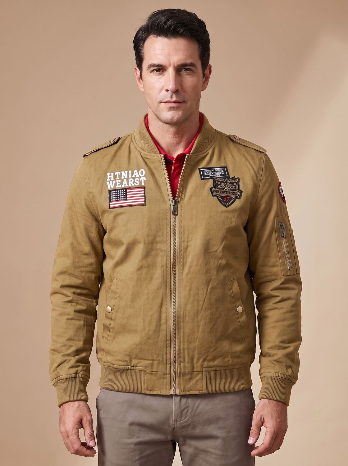 Men's Embroidered Patch Bomber Coat with Epaulettes