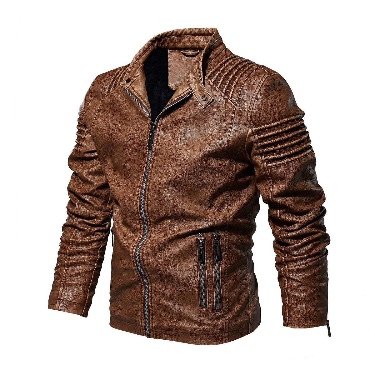 Men's Faux Leather Moto Coat with Fleece Lining
