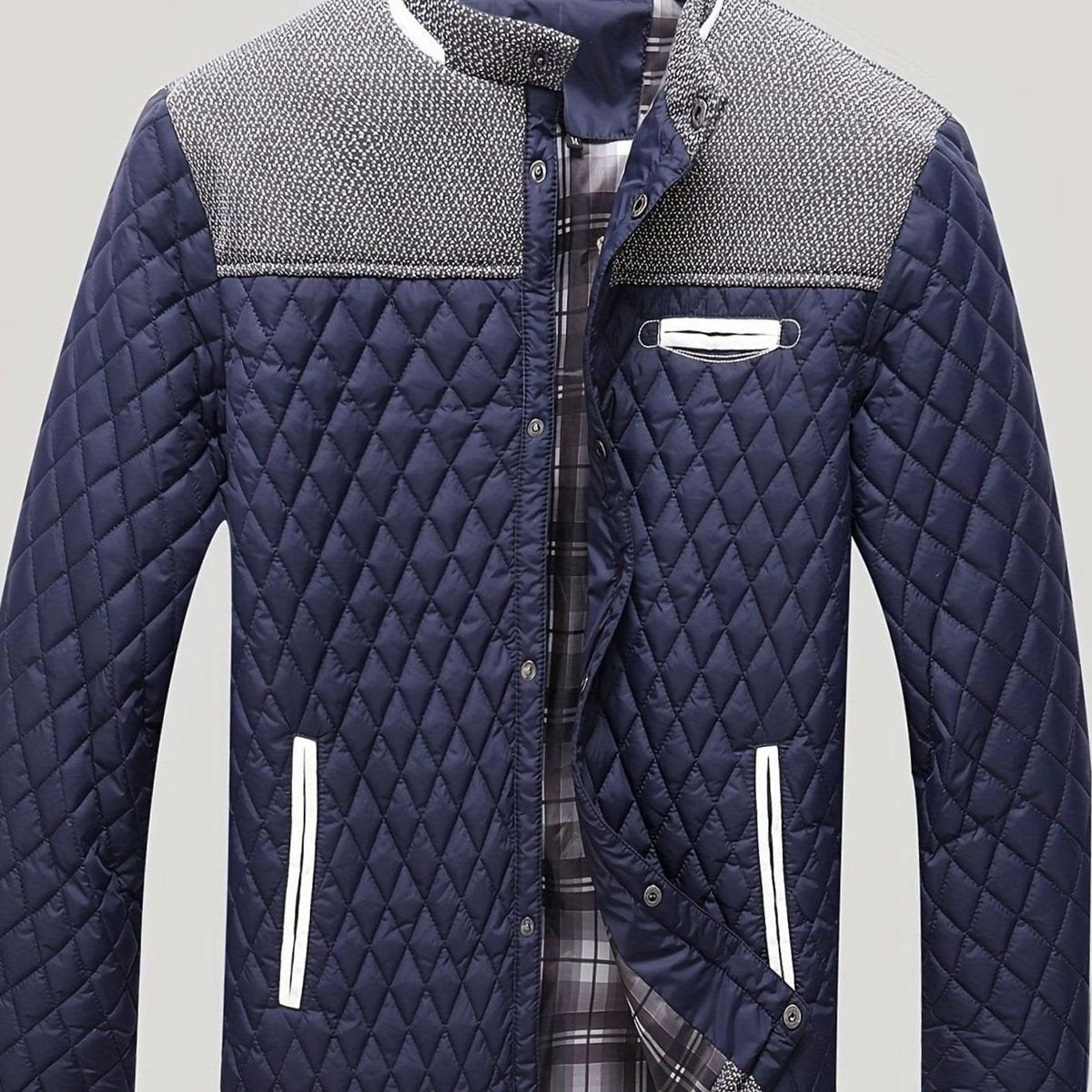 Men's Quilted Stand-Collar Coat with Knit Shoulder Panels