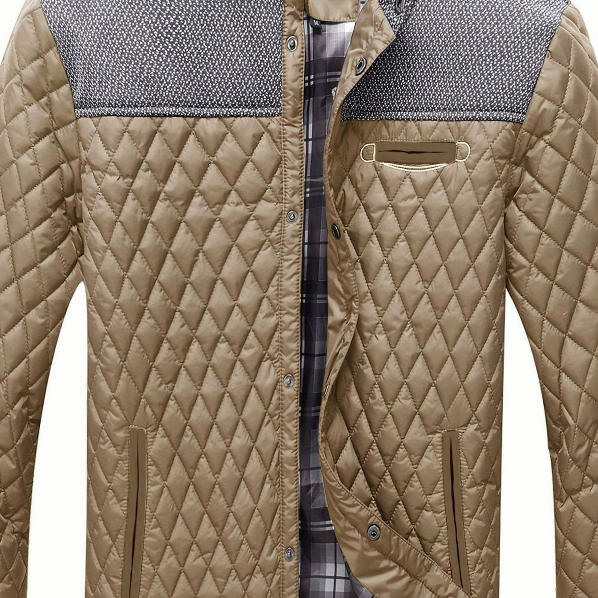 Men's Quilted Stand-Collar Coat with Knit Shoulder Panels