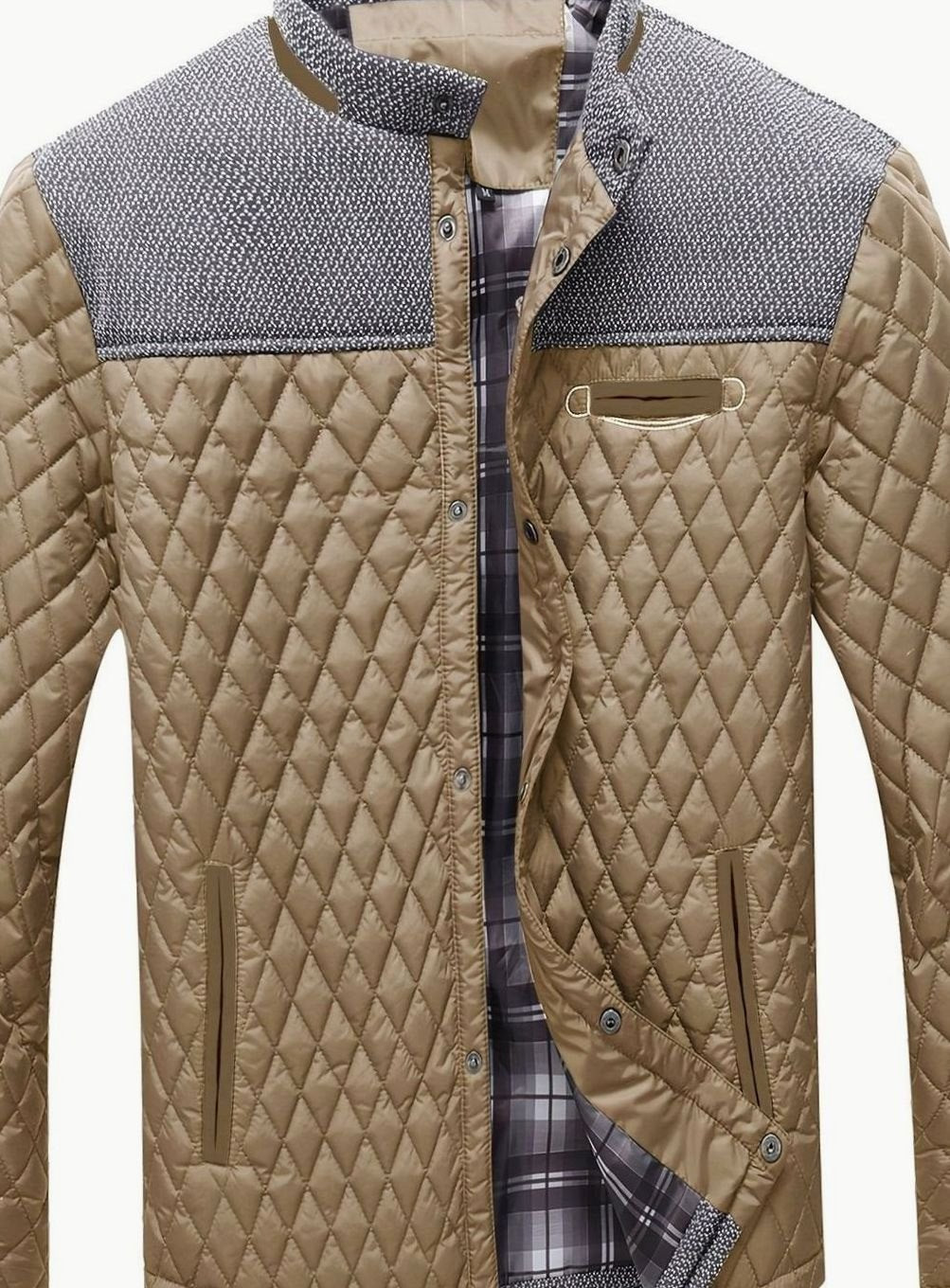 Men's Quilted Stand-Collar Coat with Knit Shoulder Panels