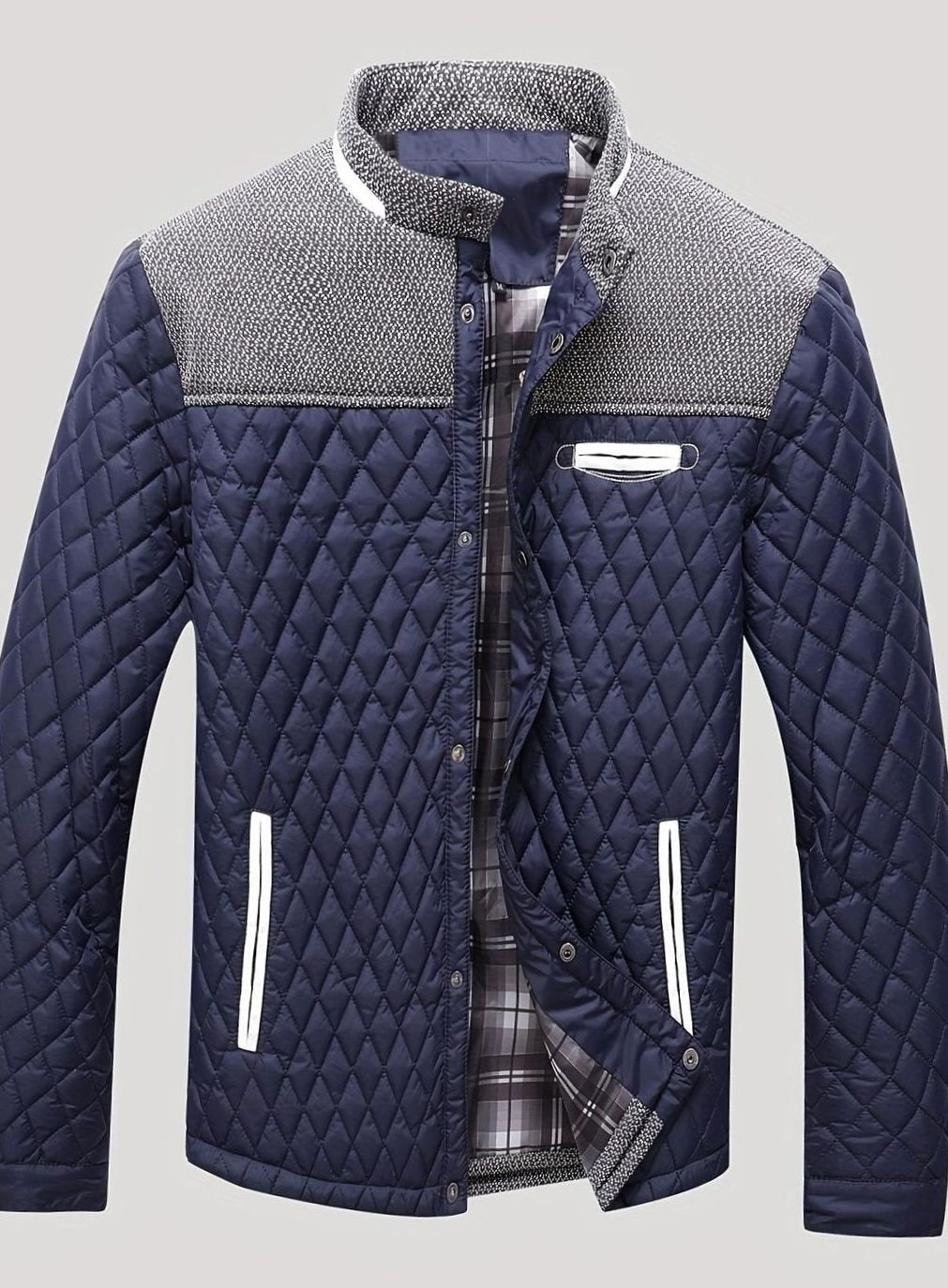 Men's Quilted Stand-Collar Coat with Knit Shoulder Panels