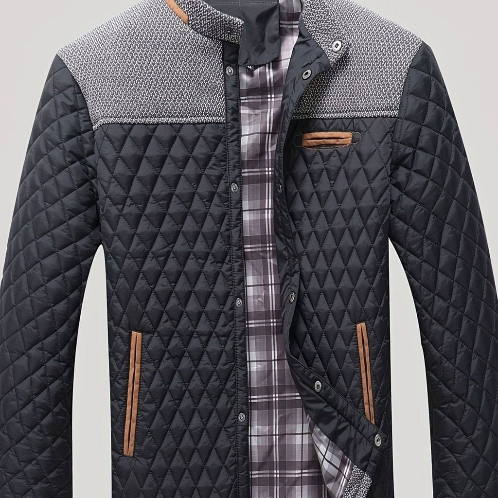 Men's Quilted Stand-Collar Coat with Knit Shoulder Panels