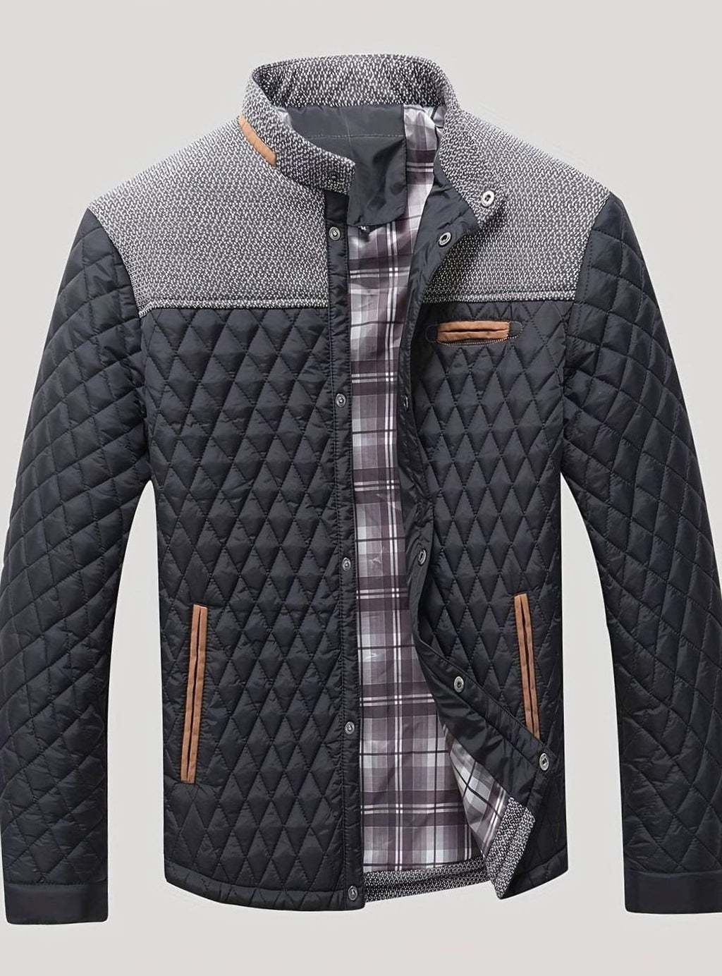 Men's Quilted Stand-Collar Coat with Knit Shoulder Panels