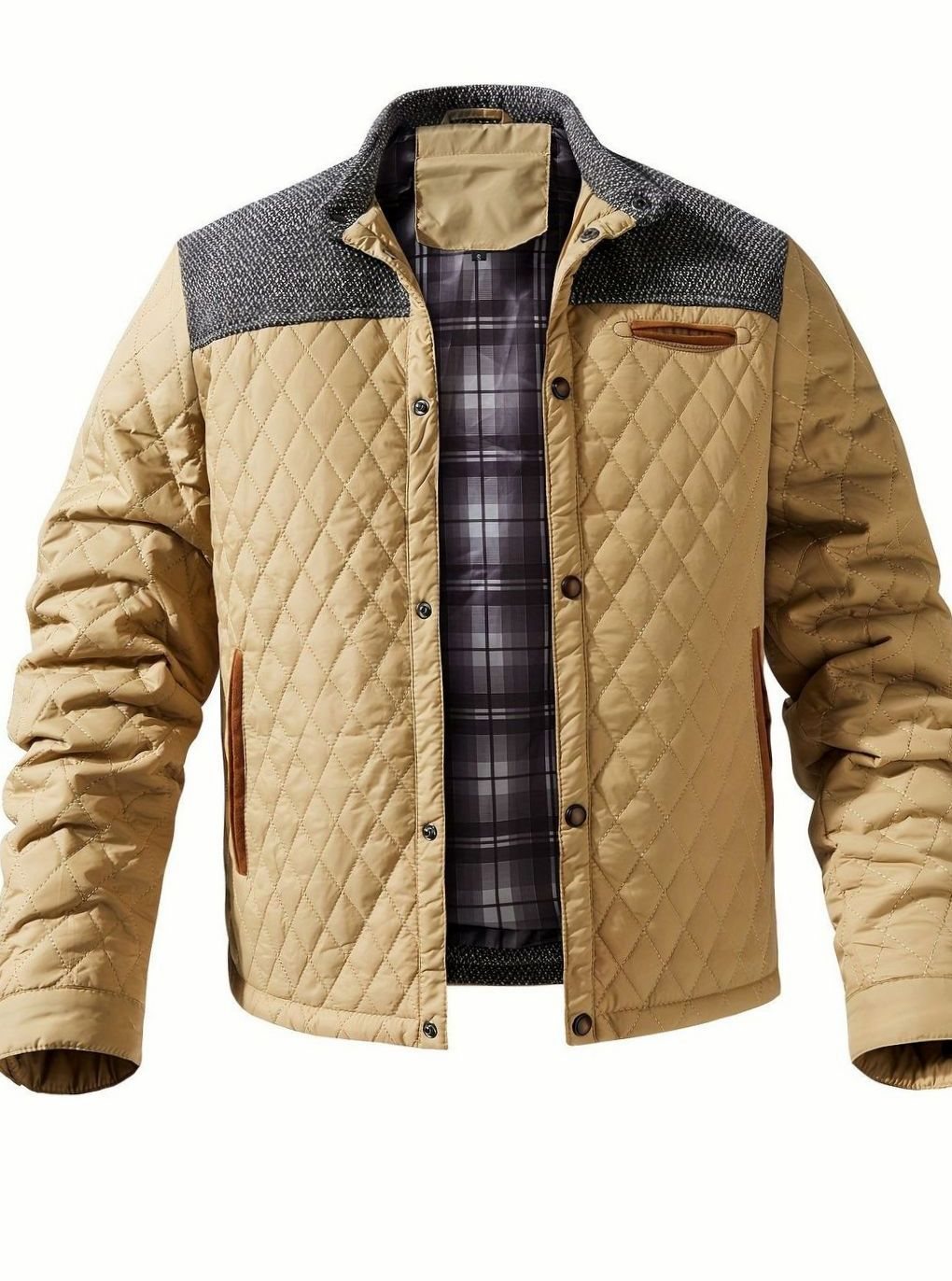 Men's Plaid Flannel Lined Quilted Snap Coat