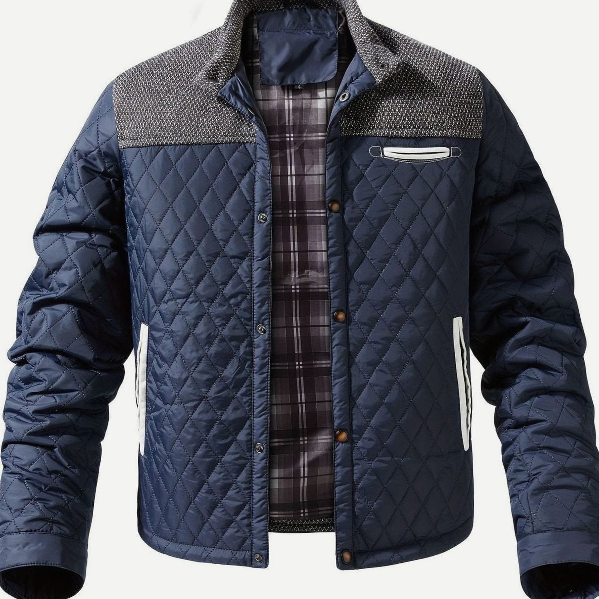 Men's Plaid Flannel Lined Quilted Snap Coat