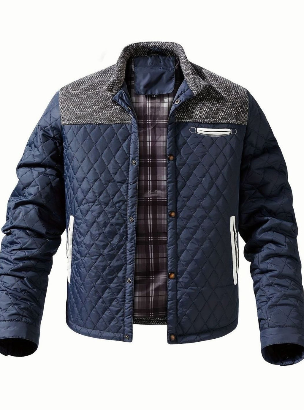 Men's Plaid Flannel Lined Quilted Snap Coat