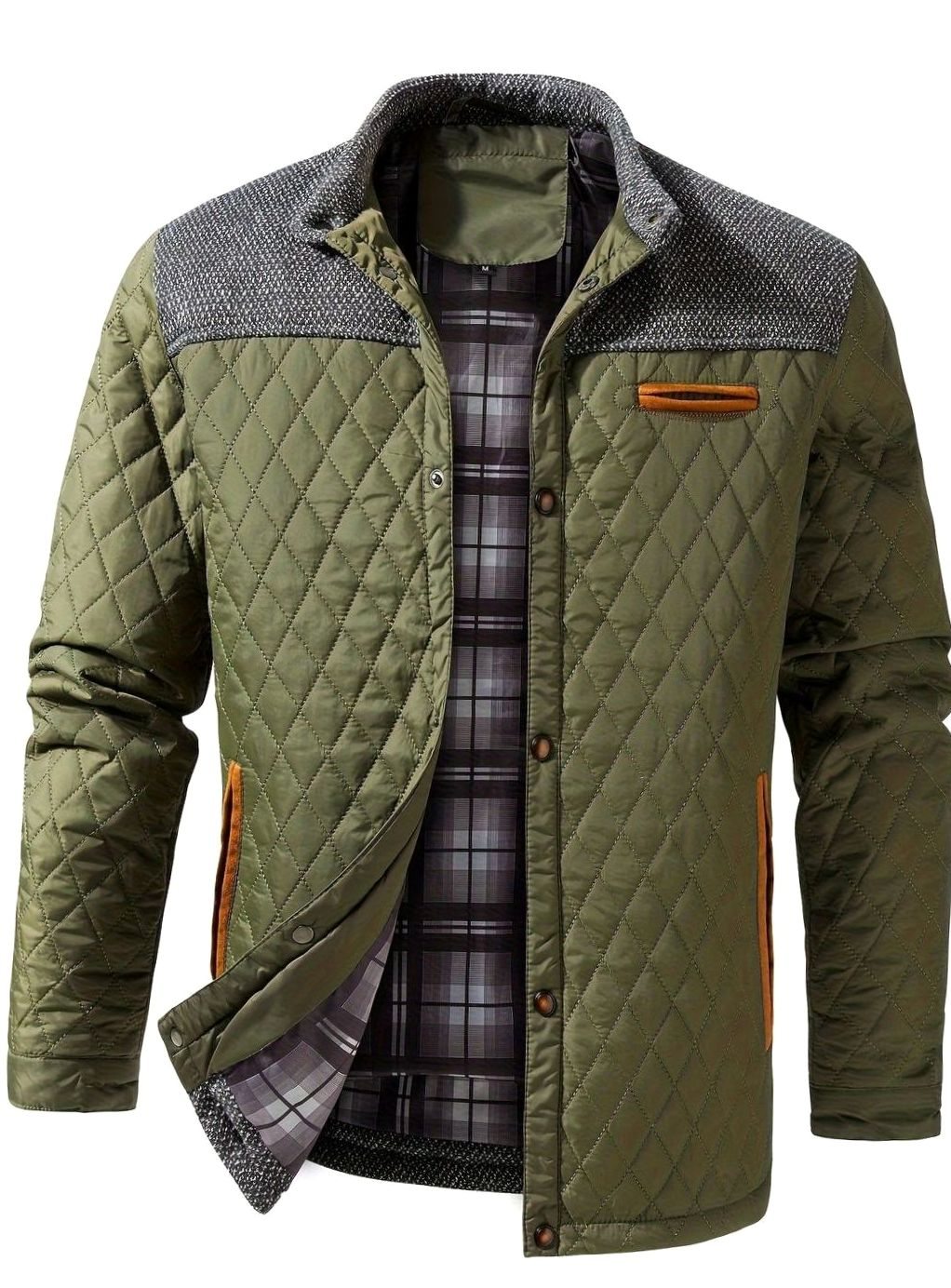 Men's Plaid Flannel Lined Quilted Snap Coat