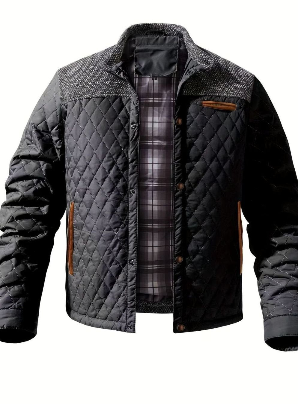 Men's Plaid Flannel Lined Quilted Snap Coat