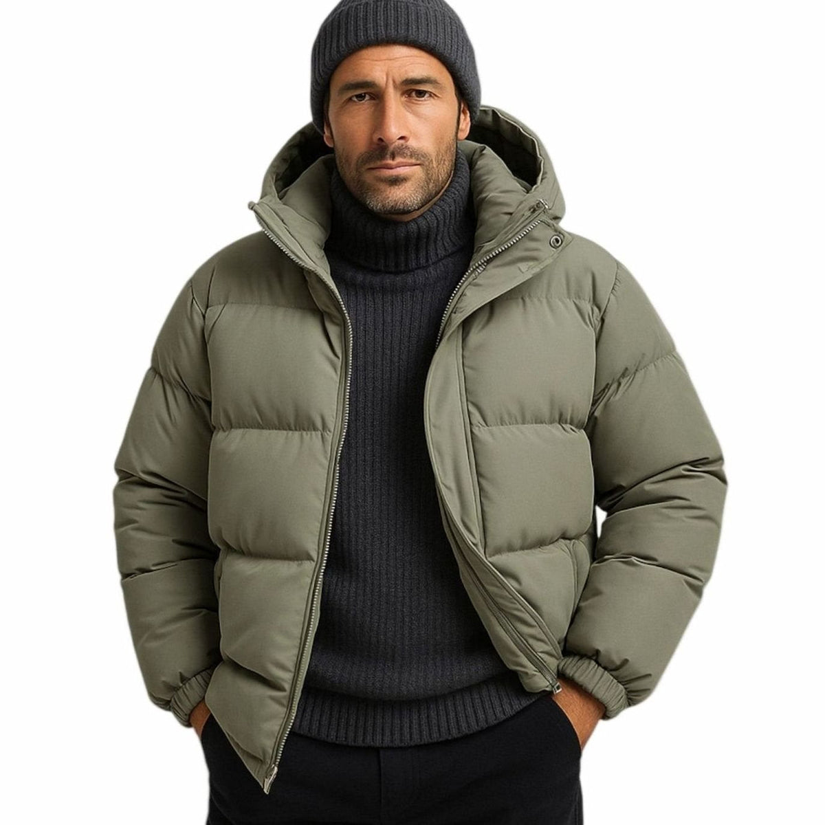 Men's Hooded Zip Front Quilted Padded Coat