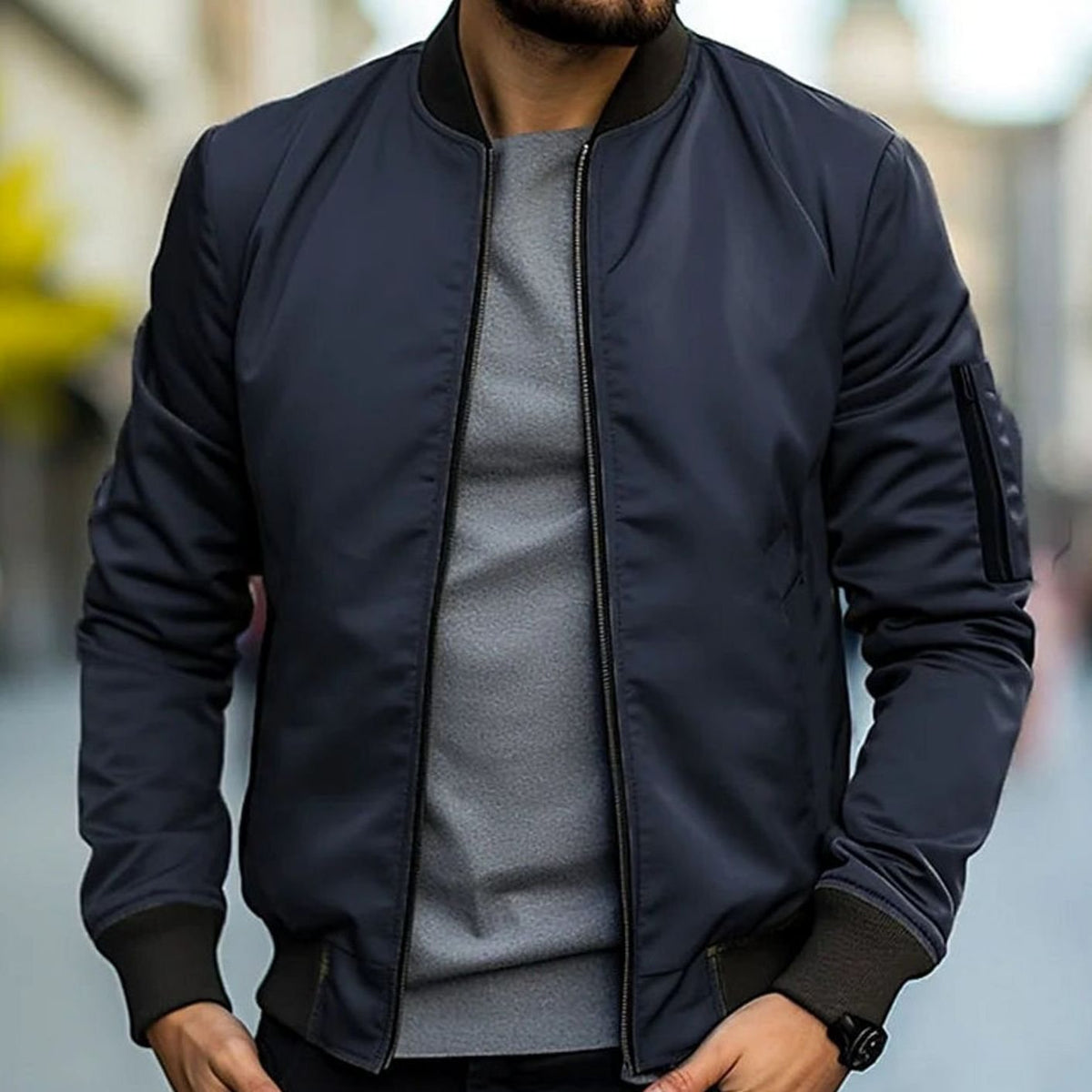 Men's Ribbed Trim Short Casual Bomber Coat
