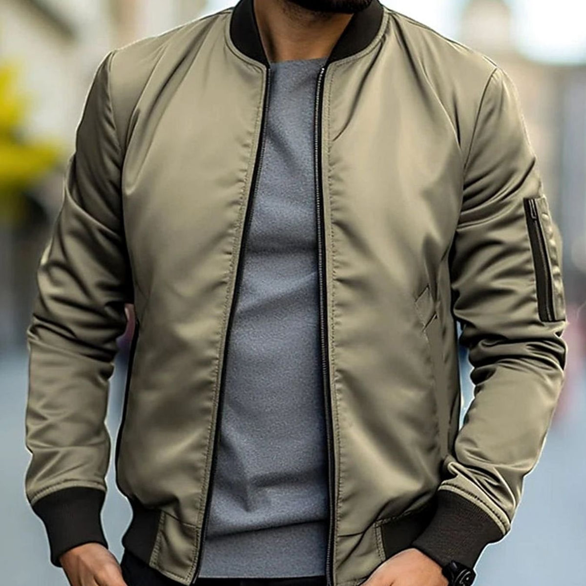 Men's Ribbed Trim Short Casual Bomber Coat