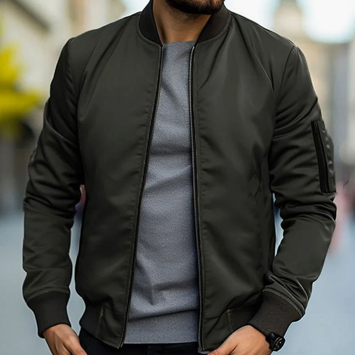 Men's Ribbed Trim Short Casual Bomber Coat
