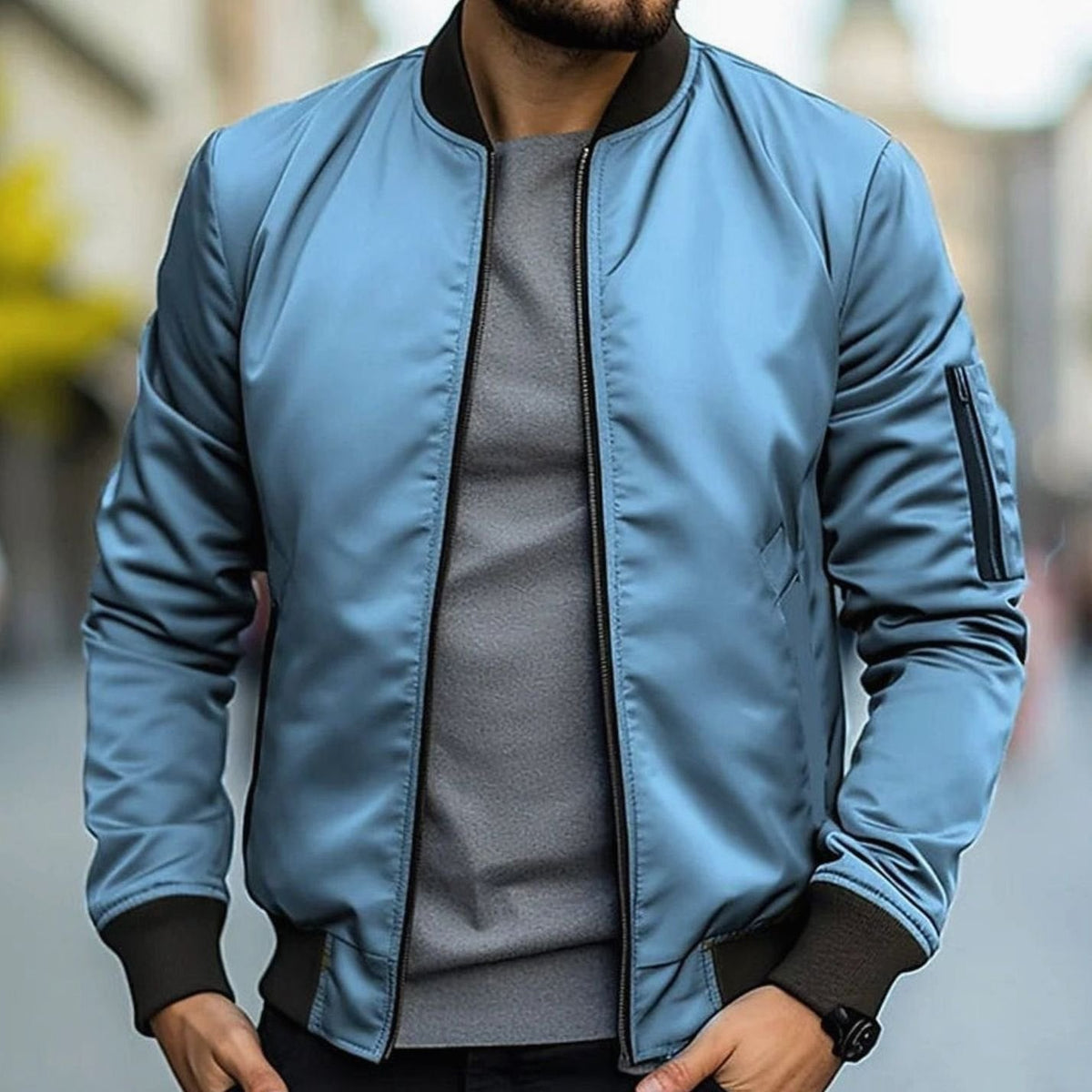 Men's Ribbed Trim Short Casual Bomber Coat