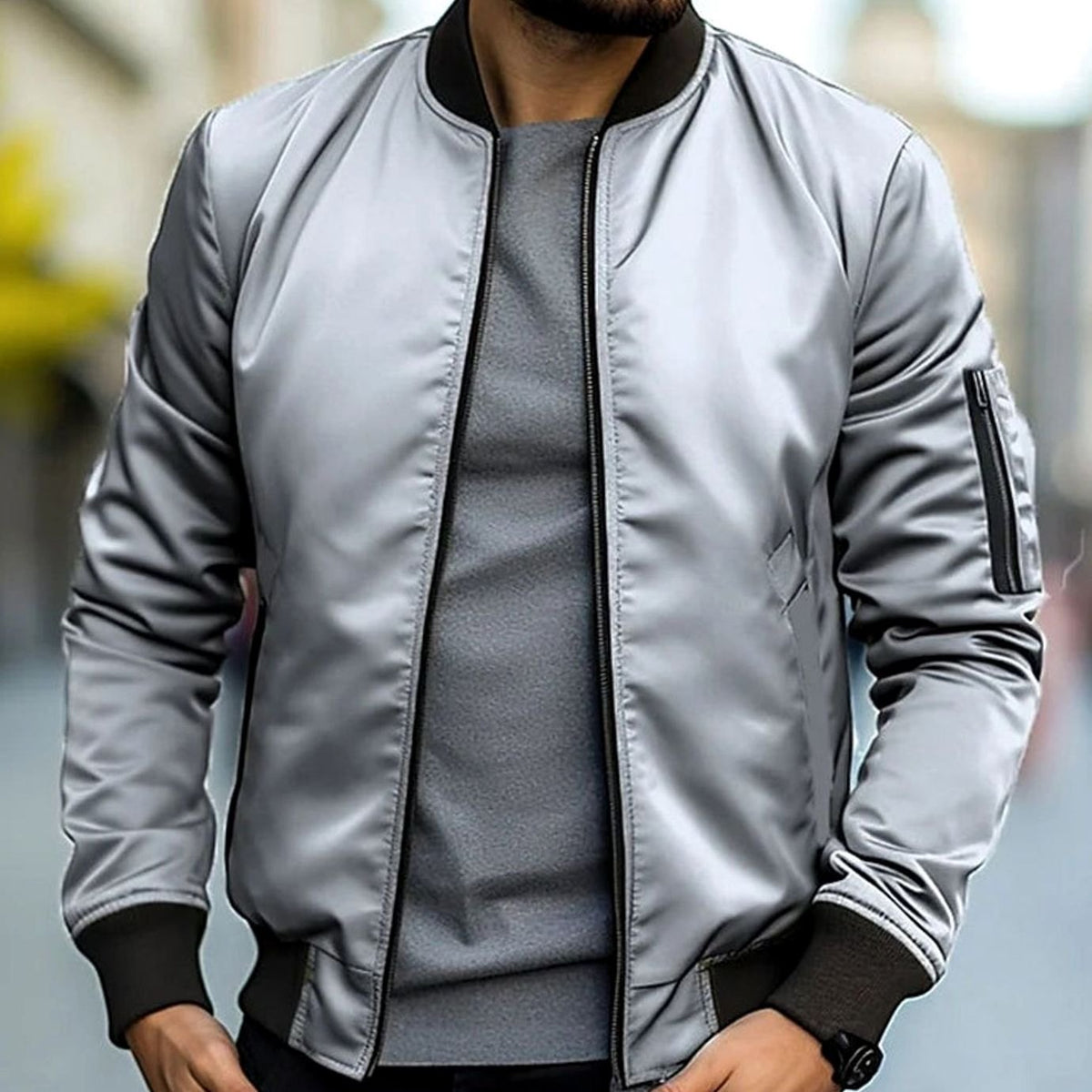 Men's Ribbed Trim Short Casual Bomber Coat