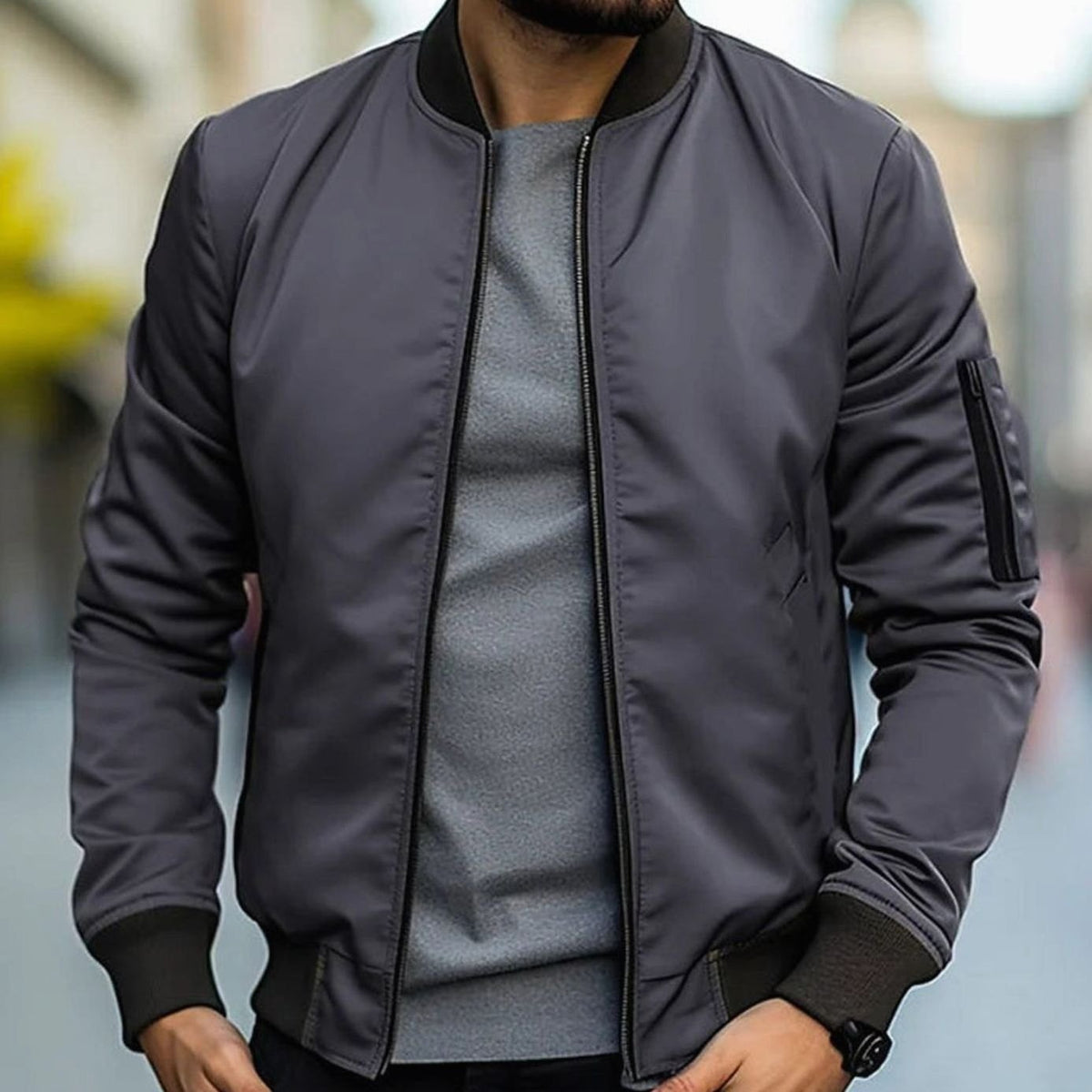 Men's Ribbed Trim Short Casual Bomber Coat