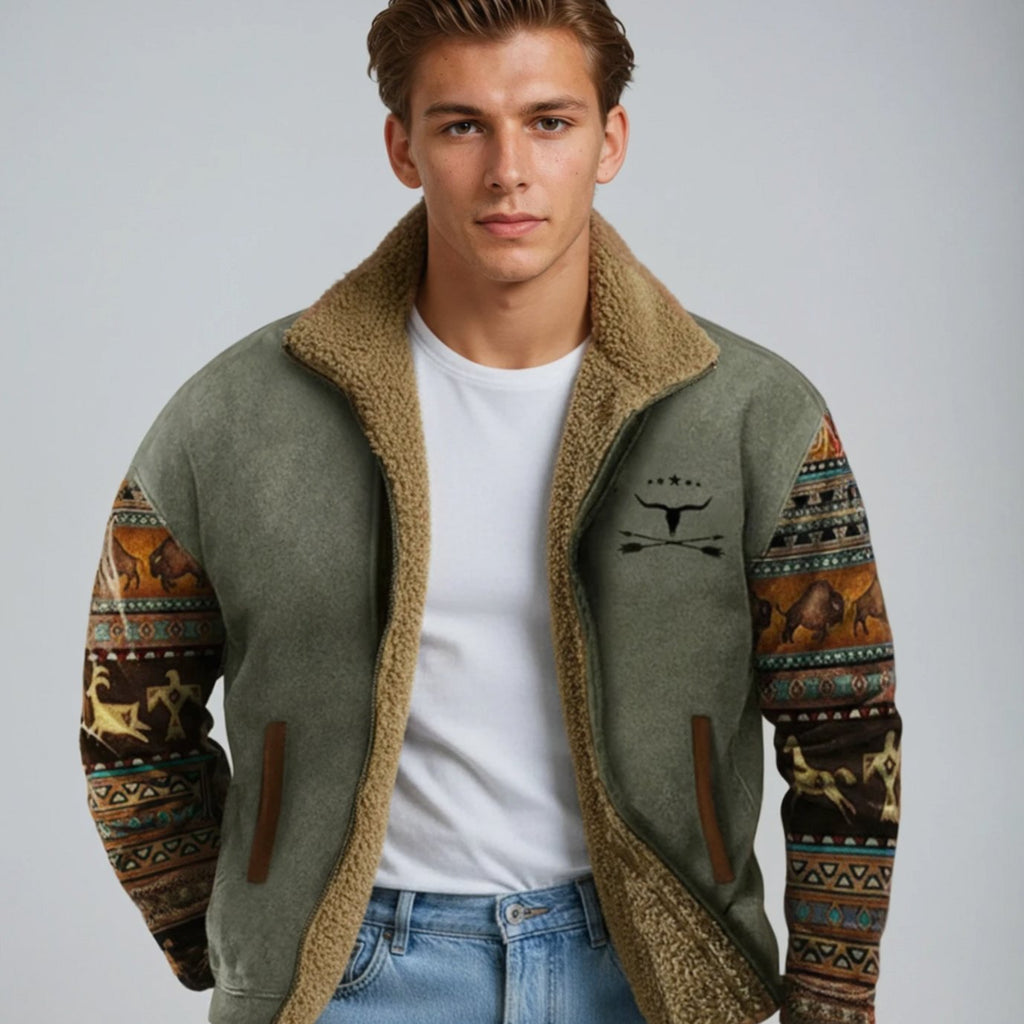 Men's Zip Front Winter Coat with Sherpa Lining and Printed Sleeves