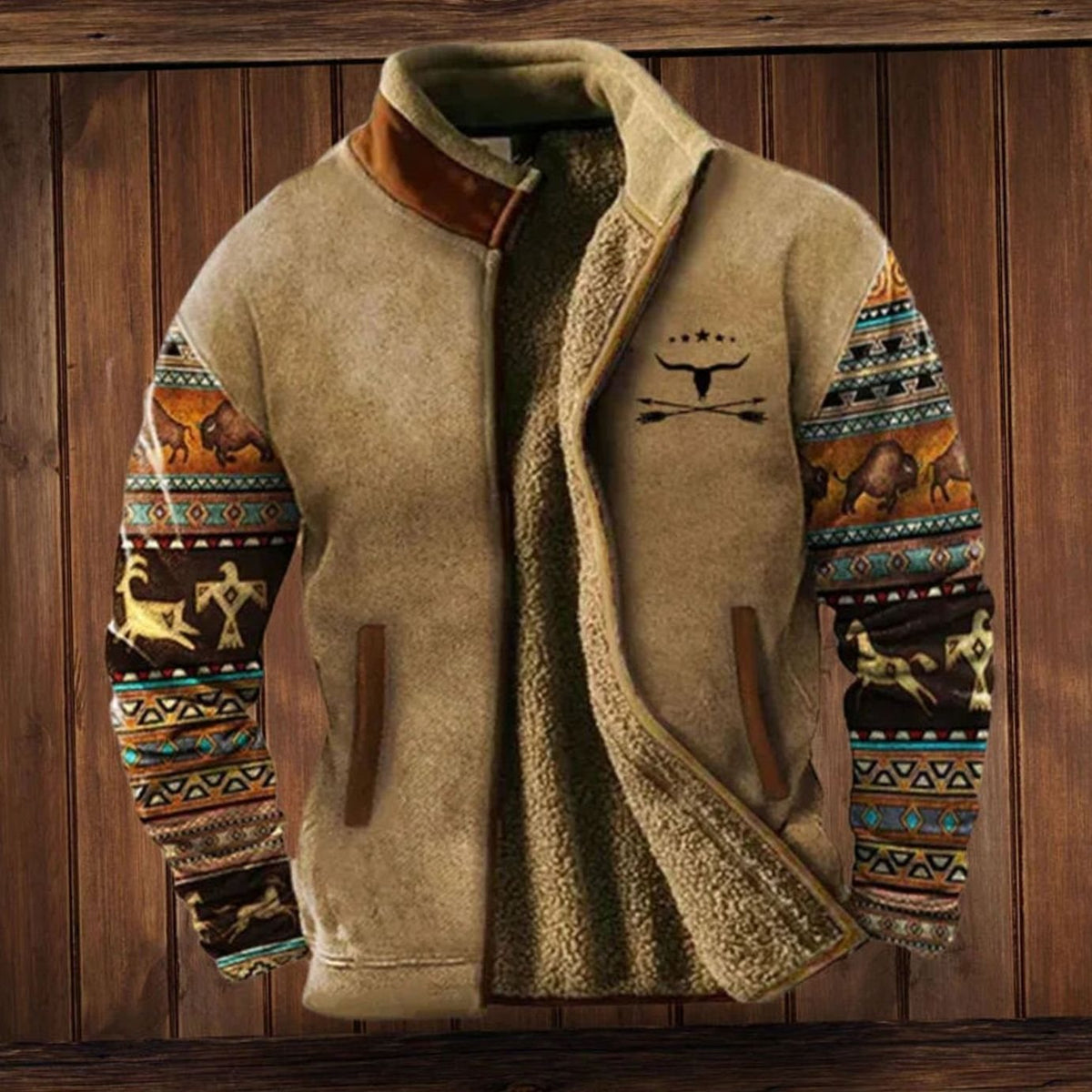 Men's Zip Front Winter Coat with Sherpa Lining and Printed Sleeves