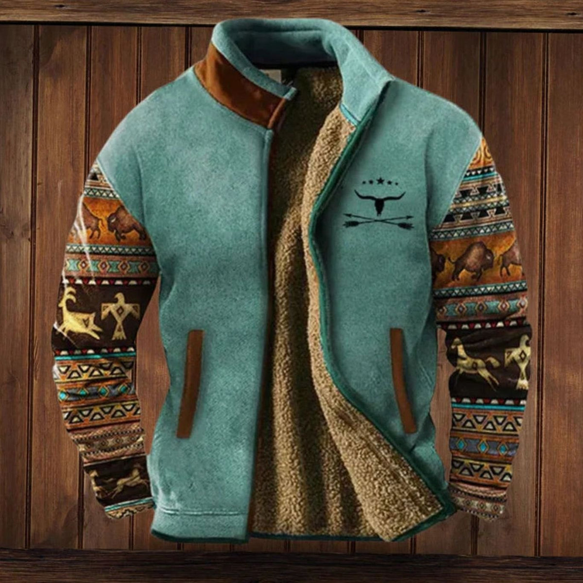 Men's Zip Front Winter Coat with Sherpa Lining and Printed Sleeves