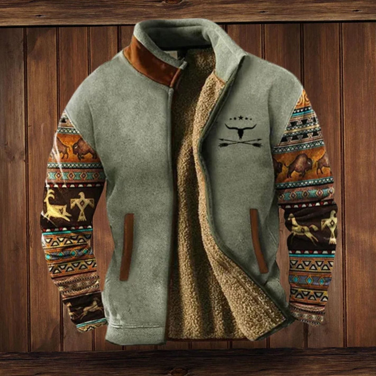 Men's Zip Front Winter Coat with Sherpa Lining and Printed Sleeves