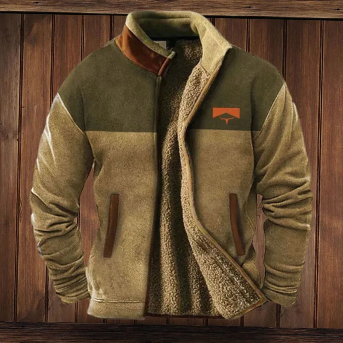 Men's Zip Front Winter Coat with Sherpa Lining and Printed Sleeves