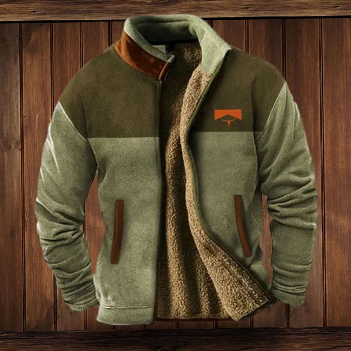 Men's Zip Front Winter Coat with Sherpa Lining and Printed Sleeves