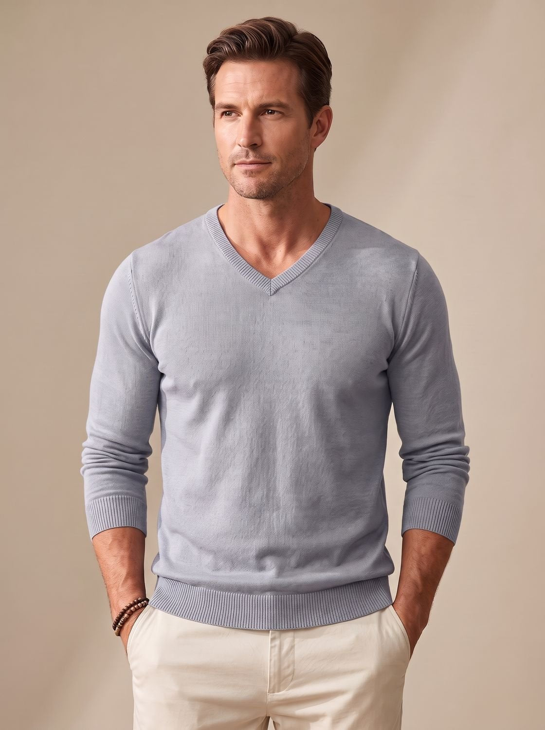 Men's Stretch Fine Knit Slim V-Neck Pullover