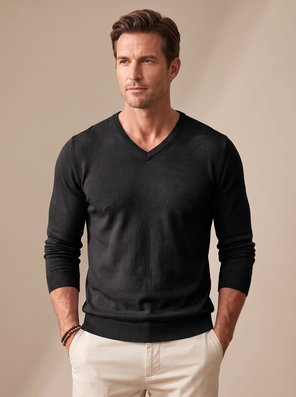 Men's Stretch Fine Knit Slim V-Neck Pullover