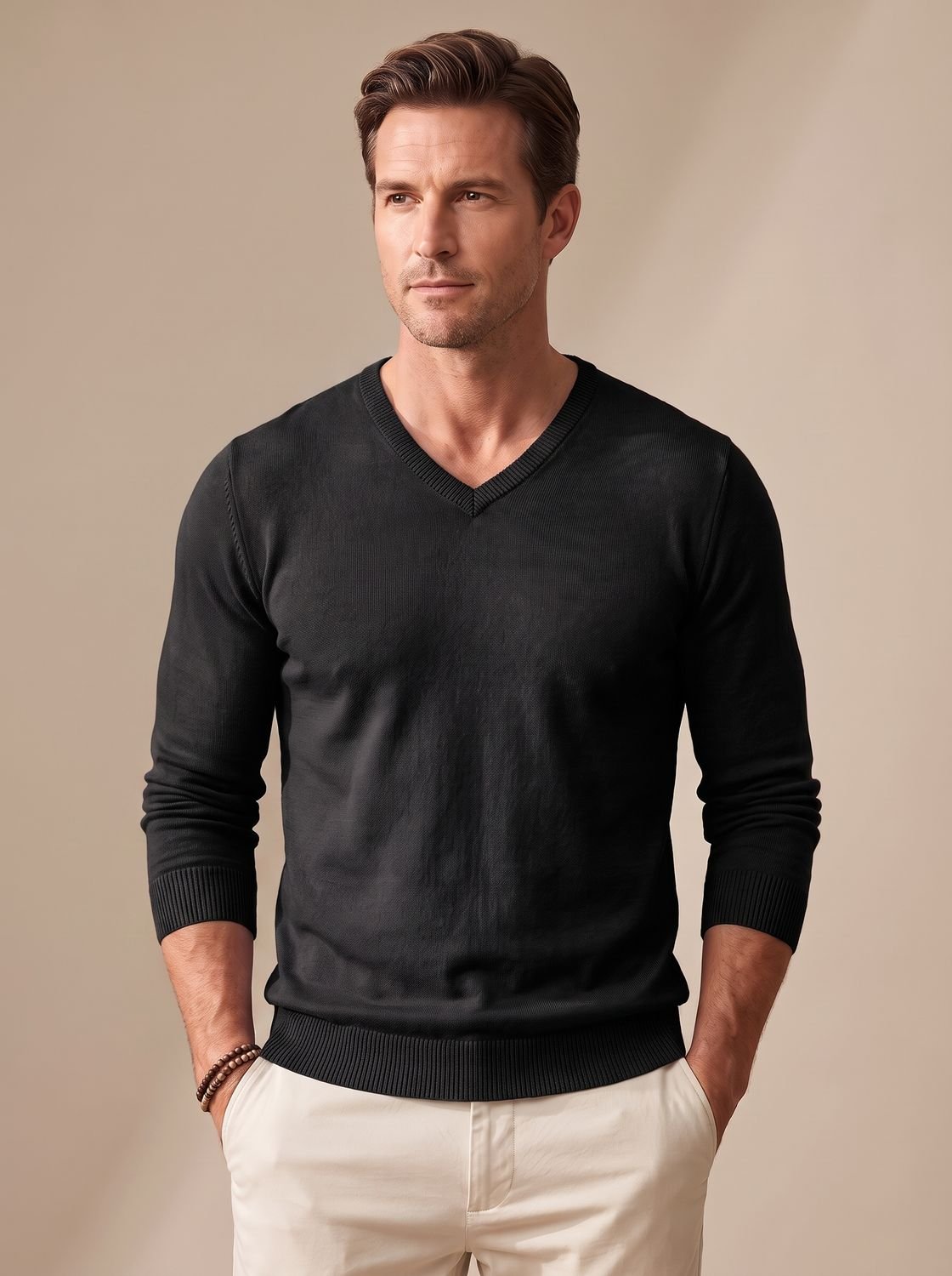 Men's Stretch Fine Knit Slim V-Neck Pullover