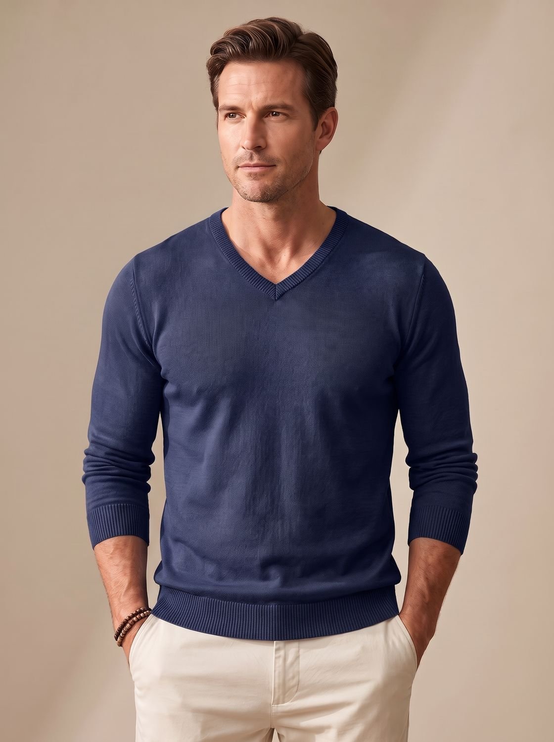 Men's Stretch Fine Knit Slim V-Neck Pullover
