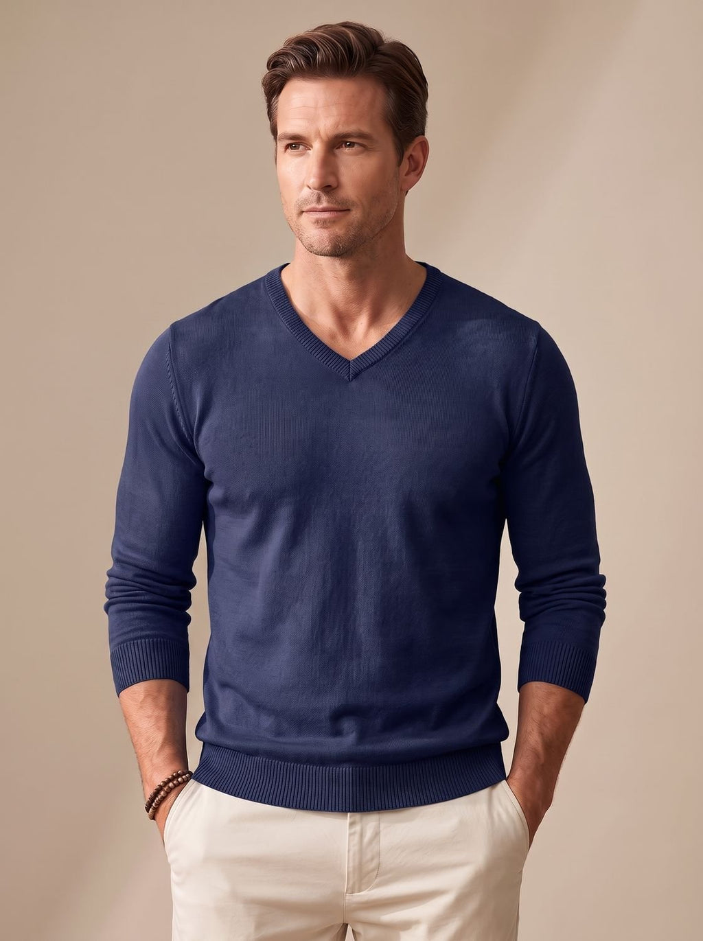 Men's Stretch Fine Knit Slim V-Neck Pullover