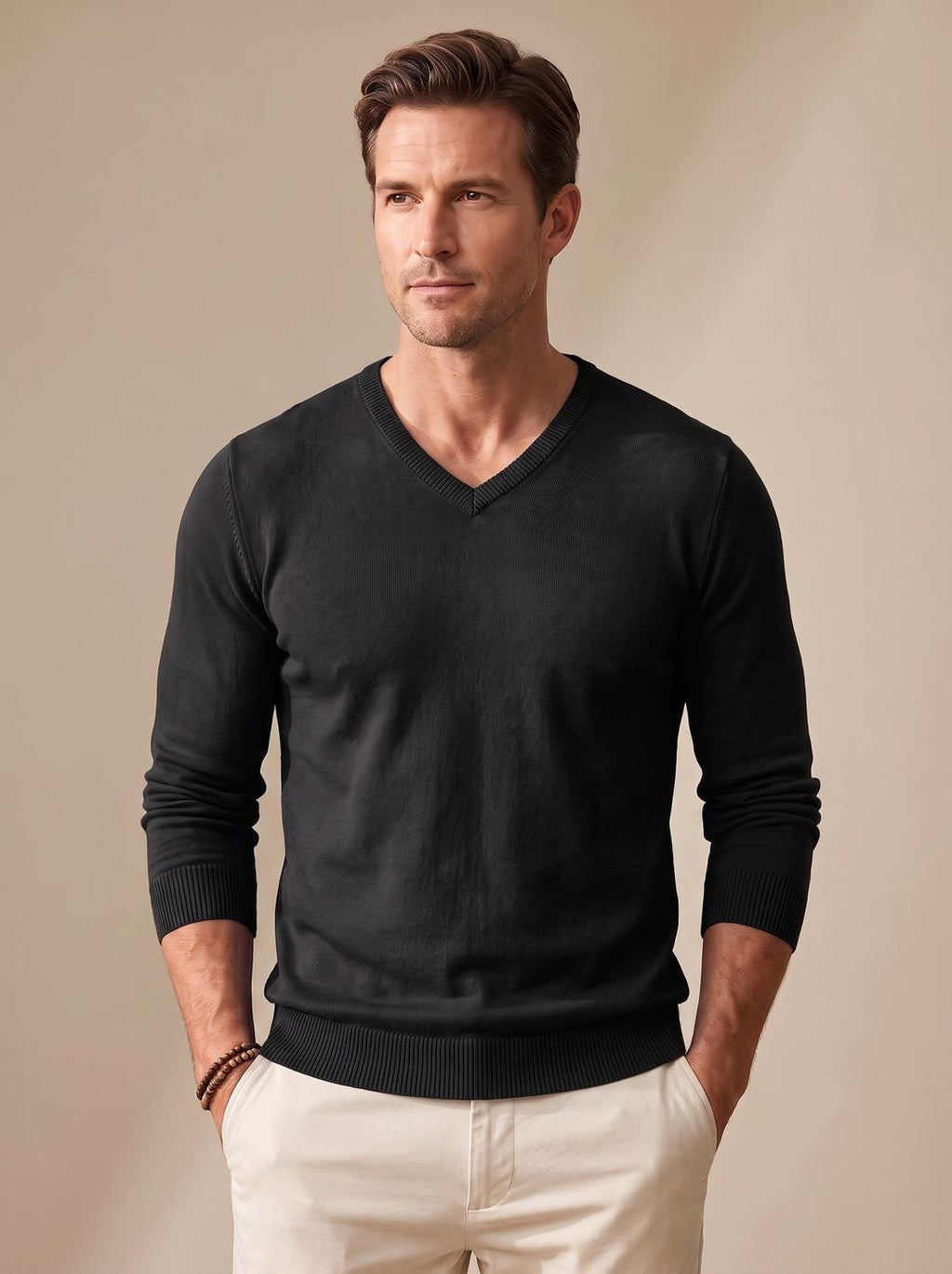 Men's Stretch Fine Knit Slim V-Neck Pullover