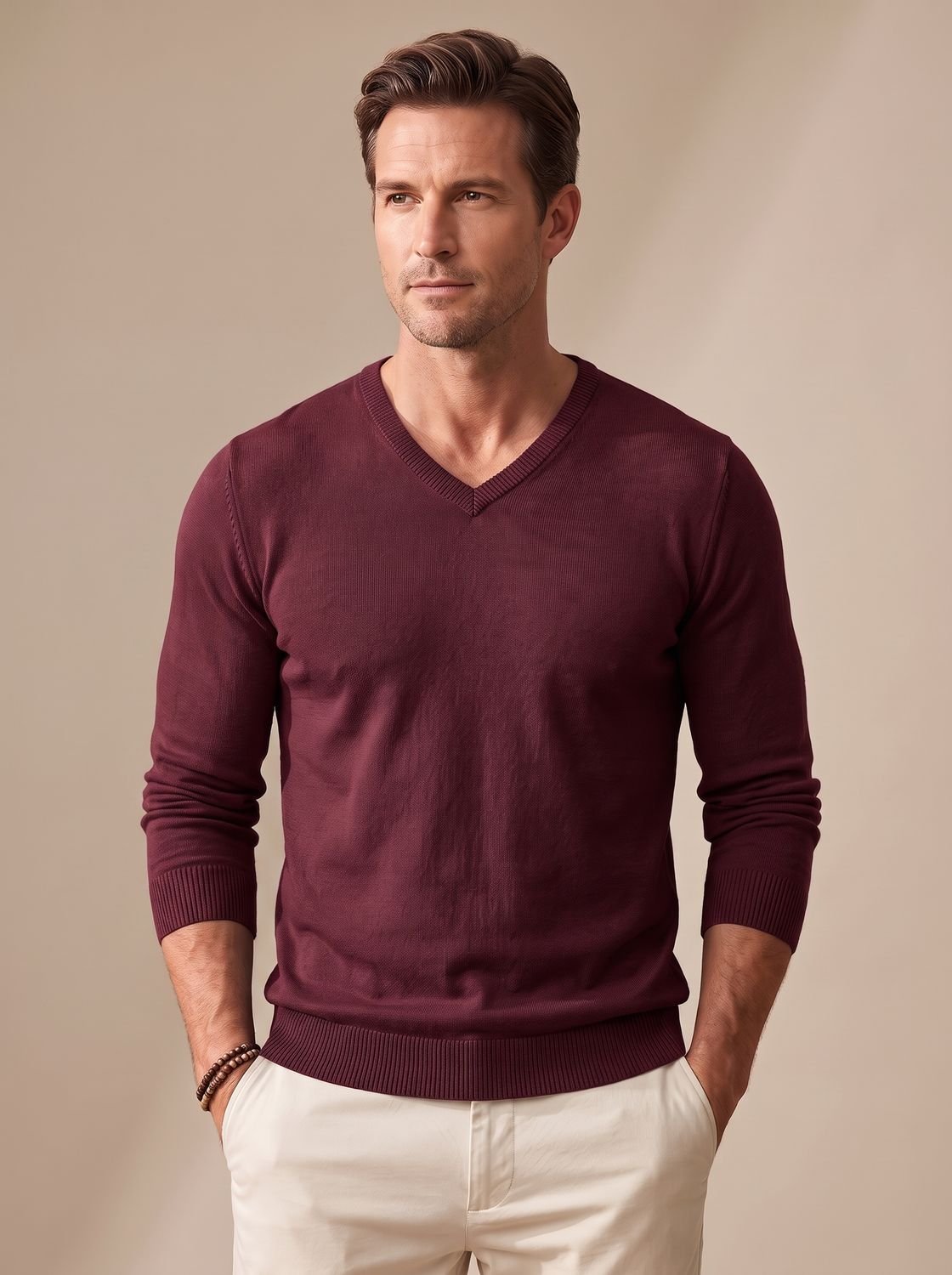 Men's Stretch Fine Knit Slim V-Neck Pullover