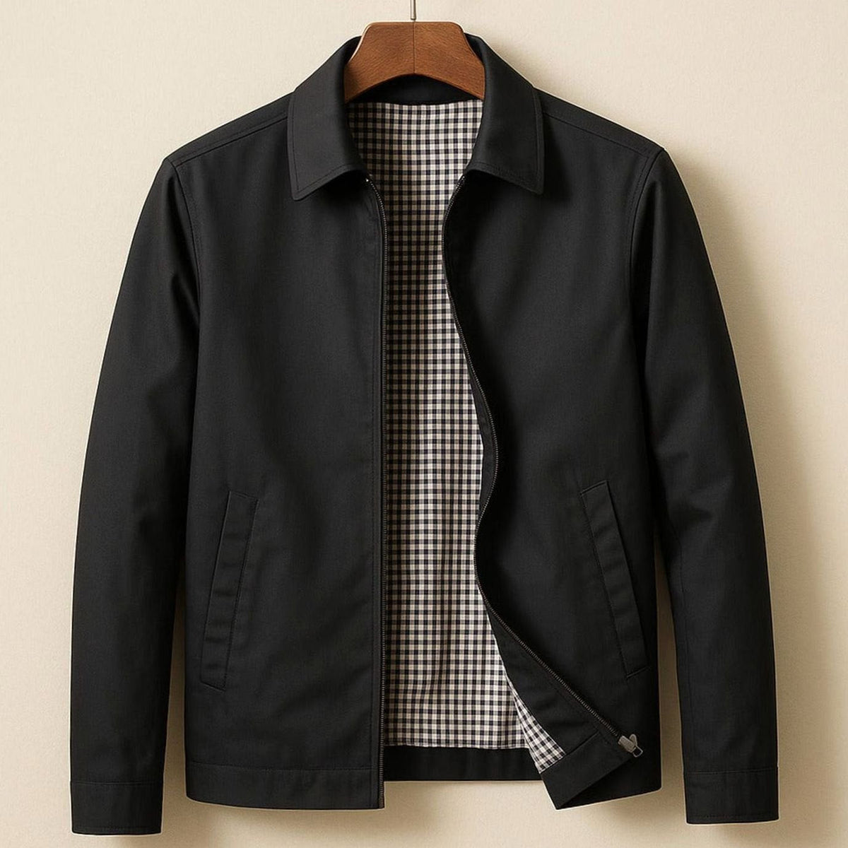 Men's Harrington Coat with Gingham Lining and Full Zip