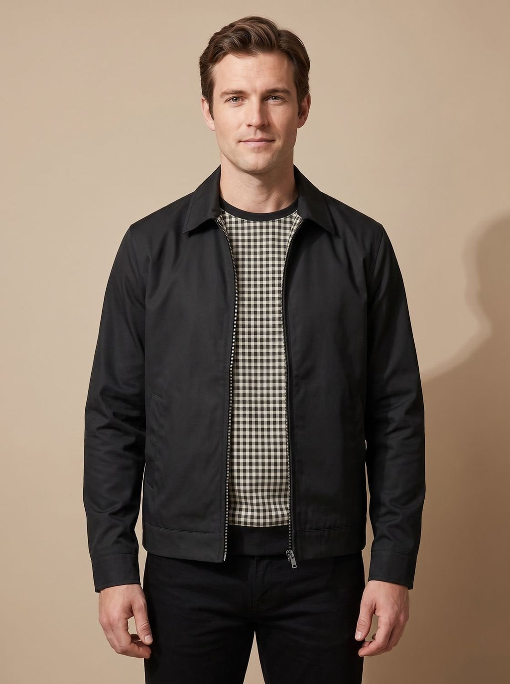 Men's Harrington Coat with Gingham Lining and Full Zip
