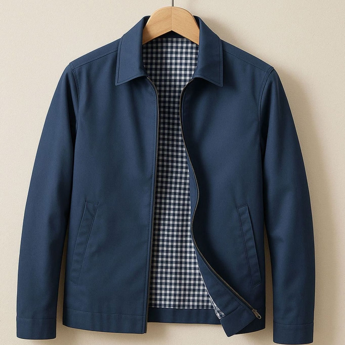 Men's Harrington Coat with Gingham Lining and Full Zip