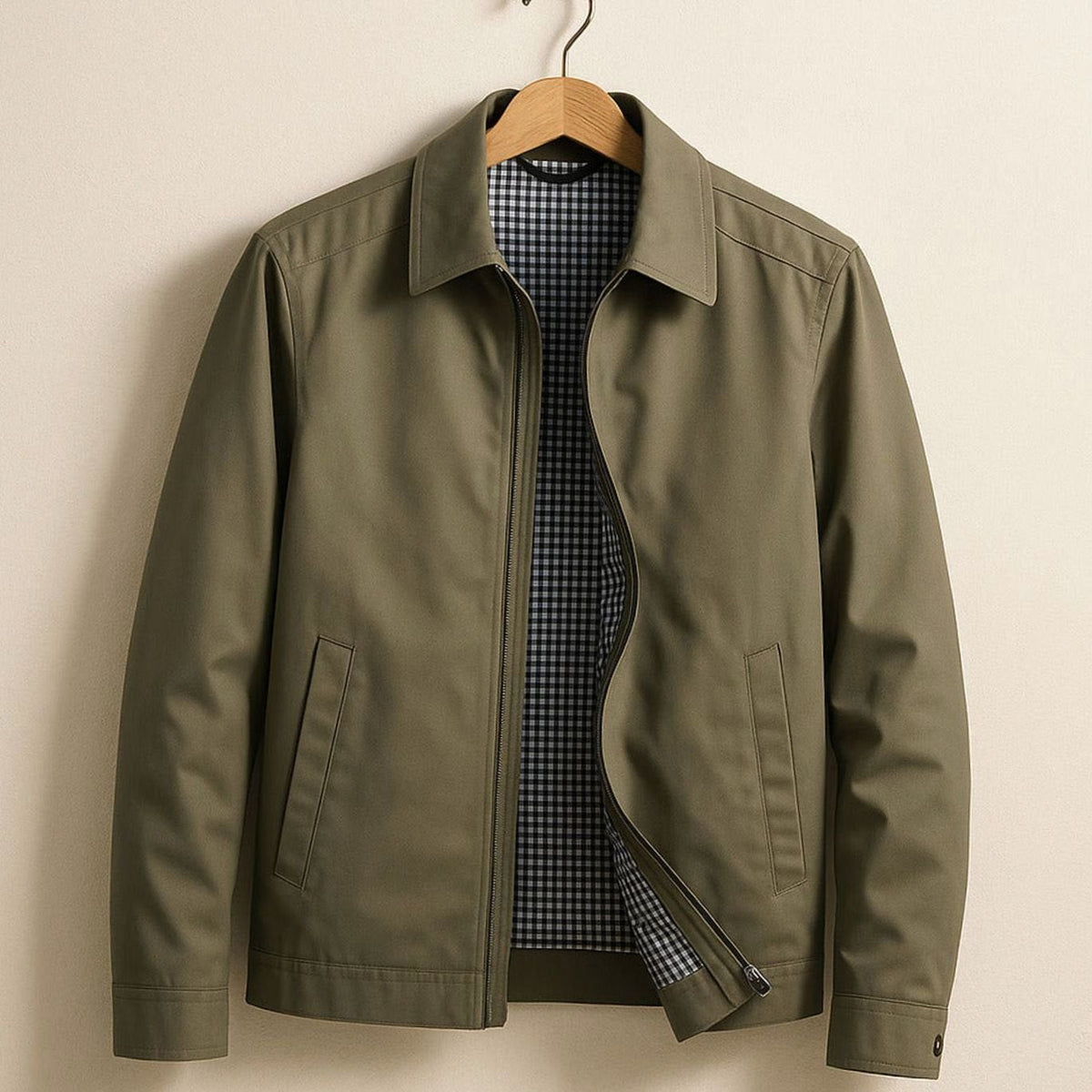 Men's Harrington Coat with Gingham Lining and Full Zip