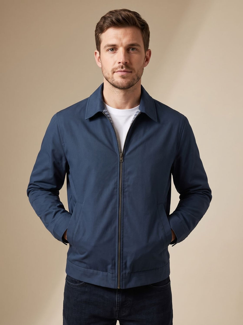 Men's Harrington Coat with Gingham Lining and Full Zip