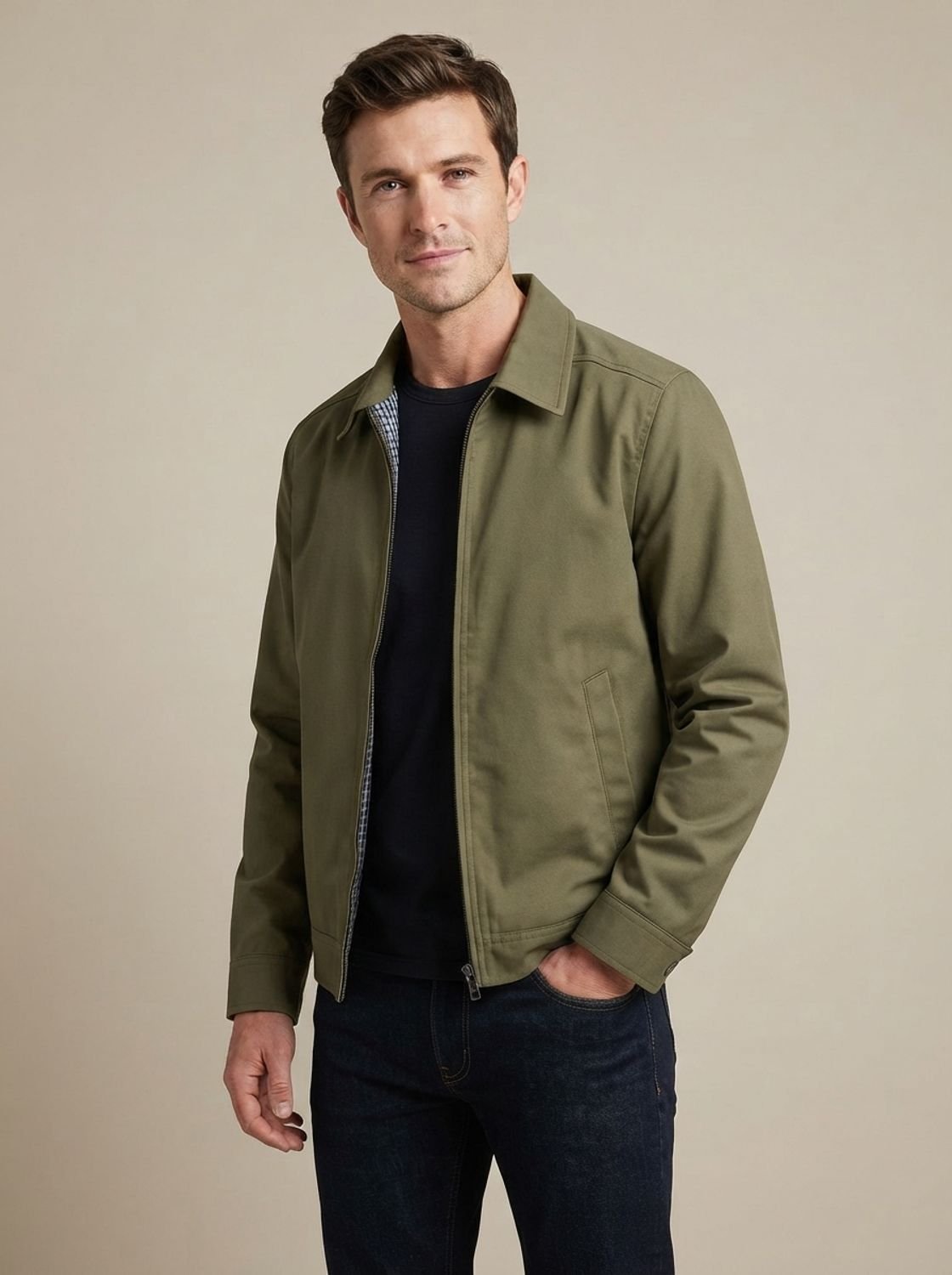 Men's Harrington Coat with Gingham Lining and Full Zip