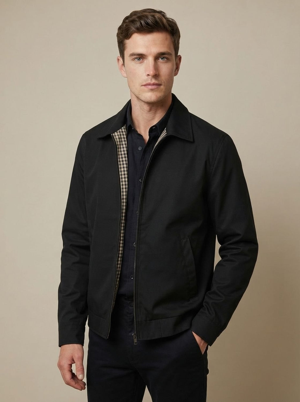 Men's Harrington Coat with Gingham Lining and Full Zip