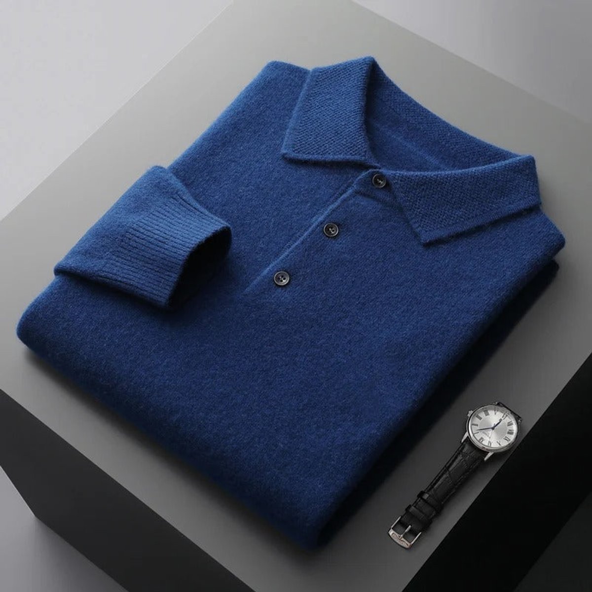 Men's Long Sleeve Button Collar Soft Knit Polo Pullover