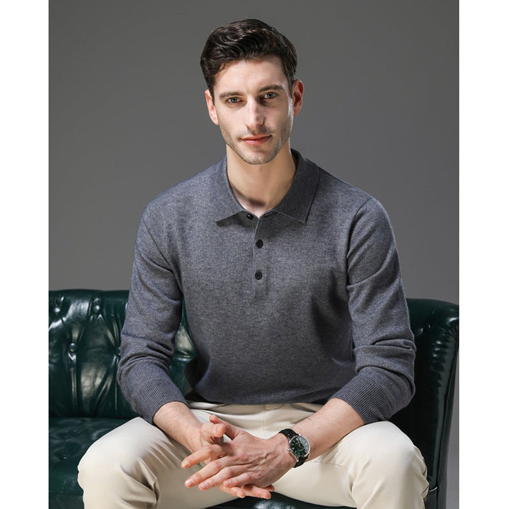 Men's Long Sleeve Button Collar Soft Knit Polo Pullover